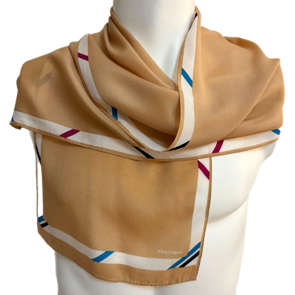 Albert Nipon 100% Silk Scarf  – Camel with Border Stripe
